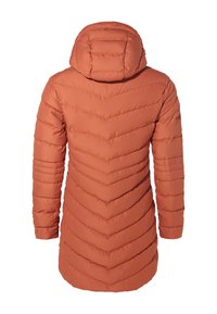 Oranje gewatteerde jas met een capuchon, voorzien van chevrons Stitching, lange mouwen en een gladde, strakke textuur. Achteraanzicht toont een getailleerde silhouette.