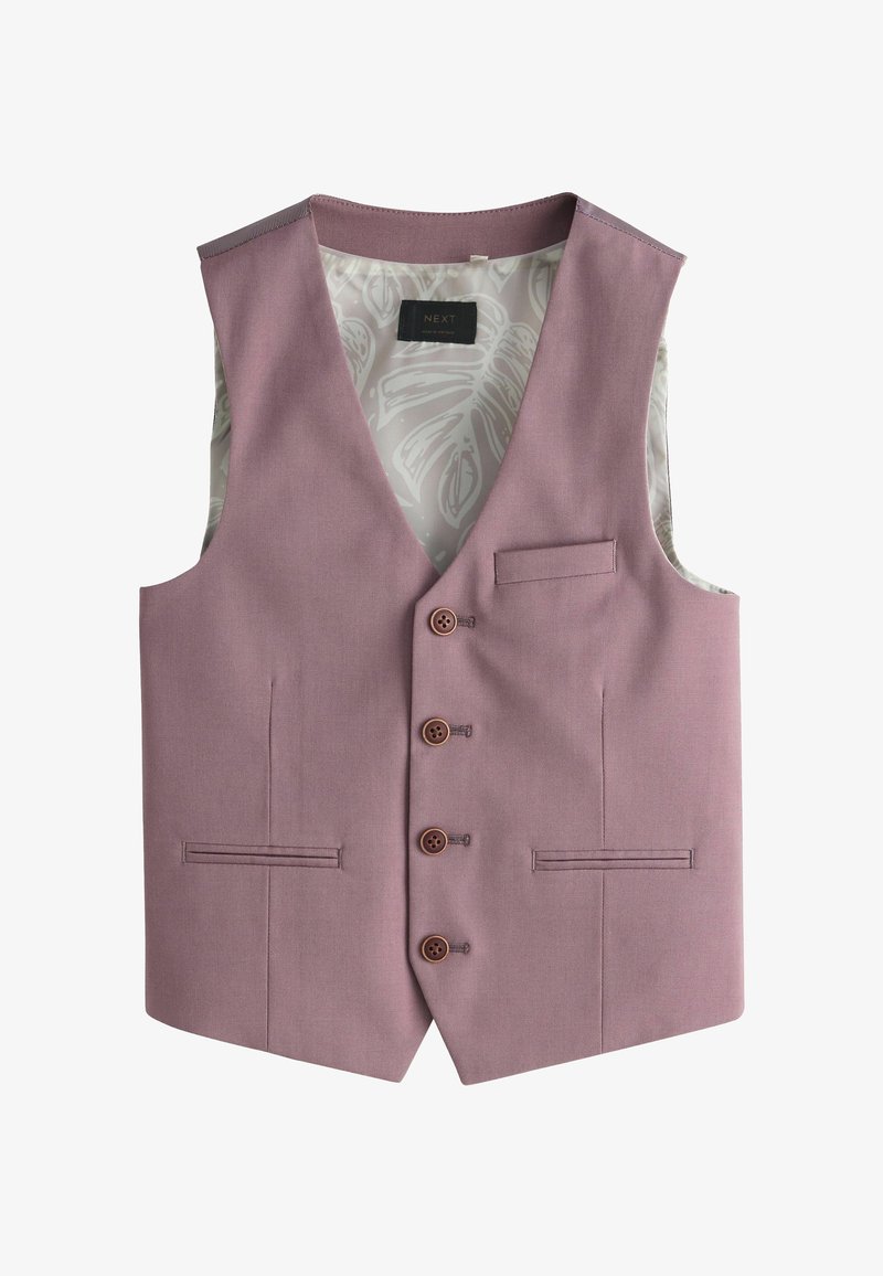 Gilet sans manches mauve avec quatre boutons, trois poches avant, et une doublure intérieure à motif floral.