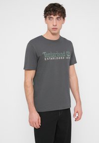 T-shirt en coton gris avec le logo "Timberland Established 1973" en vert. Col rond, manches courtes, design uni.