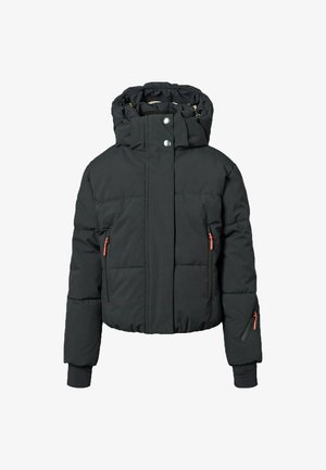 Giacca a vento nera con cappuccio, caratterizzata da una texture trapuntata, due tasche anteriori con zip e polsini elasticizzati. Chiusure a scatto assicurano la parte anteriore.