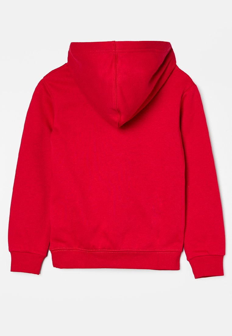 Roter Baumwollhoodie mit Kängurutasche und Kapuze mit Kordelzug, mit gerippten Bündchen und Saum. Glatte Textur, einfarbig ohne Muster.