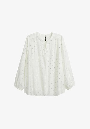 Biała bluzka z okrągłym dekoltem, rękawami o długości trzecią ćwierć i czarnymi kropkami. Miękka, lekka tkanina z marszczeniami na ramionach.