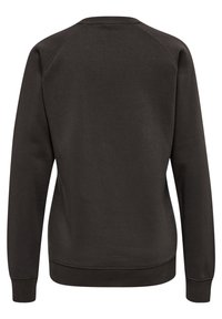 Felpa grigia scura con collo a giro, maniche raglan e polsini e orlo ribbed. Tessuto liscio, senza motivi né hardware visibili.