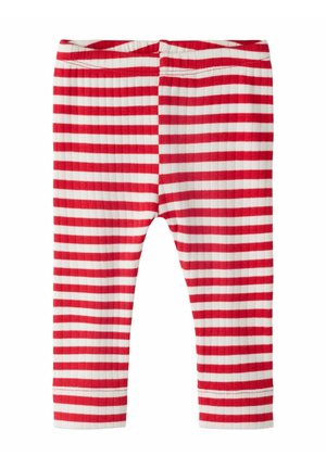 Red and white striped leggings with a ribbed texture, featuring a soft waistband and fitted design, ideal for comfort and flexibility.
