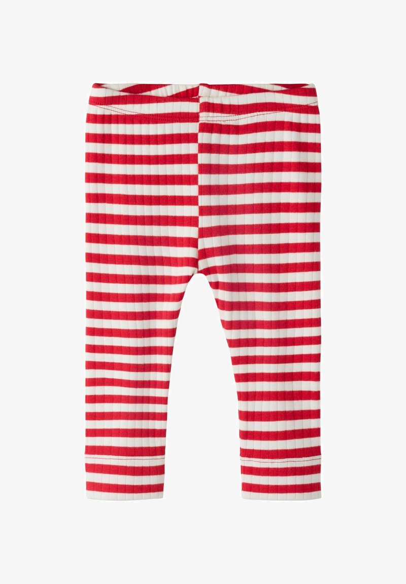 Leggings rayés rouges et blancs avec une texture côtelée, dotés d'une ceinture souple et d'une coupe ajustée, idéaux pour le confort et la flexibilité.
