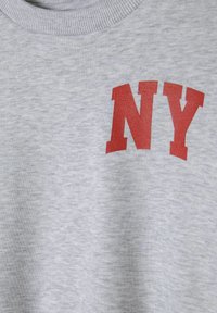 Grijze sweatshirt van zacht materiaal met een ribbelkraag en gedurfde rode "NY" letters op de voorkant. Glad oppervlak, casual ontwerp.