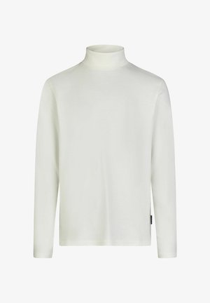 Witte lange mouwen turtleneck shirt gemaakt van zachte stof. Heeft een aansluitende nek en subtiele branding op de borst. Gladde textuur, eenvoudig ontwerp.