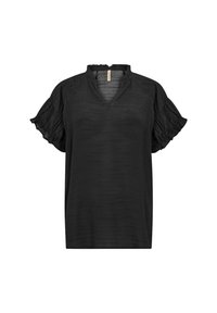 Haut noir à manches courtes avec une coupe décontractée, doté d'un col en V et de manches à volants. Le tissu présente une finition texturée, mettant en valeur son design global.