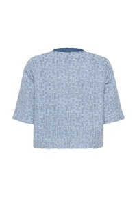 Kurze Ärmel, lockeres Oberteil aus leicht strukturiertem hellblauem Stoff mit einem gewebten Muster und rundem Ausschnitt. Hat einen einfarbigen blauen Rücken.