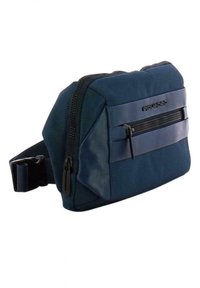 Borsa in vita in tessuto blu navy con materiale testurizzato, dotata di tasca frontale con zip e cinturino regolabile. Design elegante e angolare con accenti minimi.