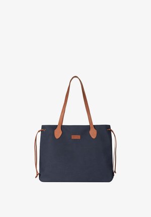 Navy blue tote bag with brown leather handles and side drawstrings, rectangular shape, and small branded leather patch on front.