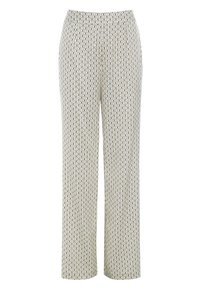 Pantalon léger de couleur crème avec un motif géométrique noir. Présente un design à jambe droite et une taille élastique pour plus de confort.