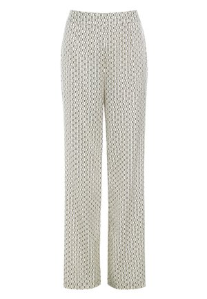 Leichte, cremefarbene Hosen mit einem geometrischen schwarzen Muster. Sie verfügen über ein gerades Bein-Design und einen elastischen Bund für zusätzlichen Komfort.