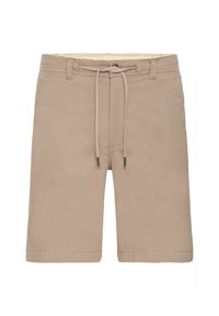Beige shorts met een koord in de taille, gemaakt van gladde stof. Voorzien van gestikte zomen en zijzakken.