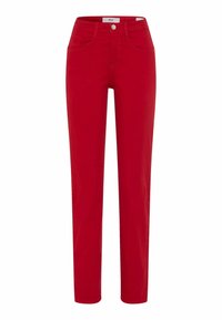 Pantaloni rossi a gamba dritta realizzati in tessuto misto cotone, con un classico design a cinque tasche, chiusura frontale con bottone e cuciture minime.