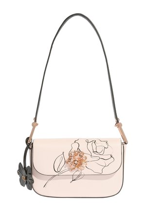 Sac à épaule rose clair avec dessin floral en ligne noire, ornement fleur dorée, breloque fleur noire et sangle fine noire.
