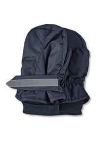 Marineblaue Fäustlinge aus einem weichen, wasserabweisenden Stoff. Mit einem grauen Riemen und elastischen Bündchen für eine bequeme Passform.