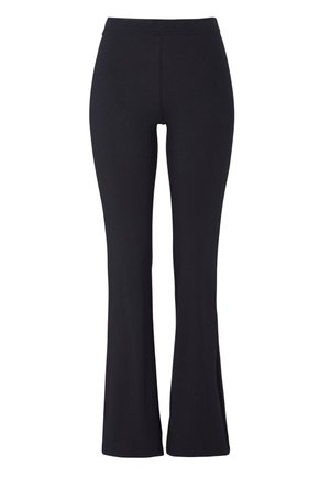 Pantaloni neri a zampa d'elefante realizzati in tessuto morbido ed elasticizzato, con una vita elastica, caratterizzati da una superficie liscia e priva di motivi visibili.