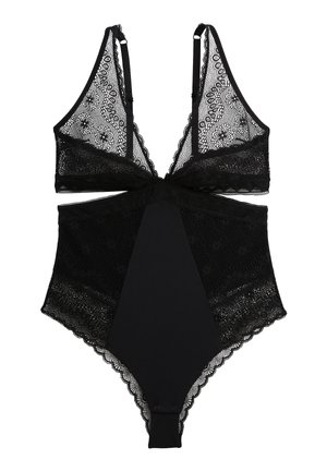 Body en dentelle noire avec bretelles réglables, motifs floraux et bords festonnés, doté d'un décolleté plongeant en V et d'une fermeture à pression en bas.