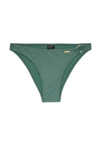 Fondo di bikini verde con un motivo a zigzag testurizzato, un anello di accento dorato e un taglio modesto con bordi cuciti per garantire durata.