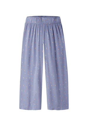 Light purple wide-leg pants with a small multicolored floral print and an elastic waistband.