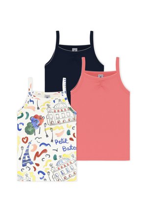 Trois hauts en coton sans manches pour filles : un bleu marine, un rose corail et un blanc avec des imprimés abstraits colorés et sur le thème de Paris.