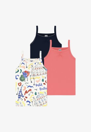 Trois hauts en coton sans manches pour filles : un bleu marine, un rose corail et un blanc avec des imprimés abstraits colorés et sur le thème de Paris.