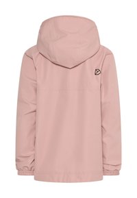 Ανοιχτό ροζ, ελαφρύ μπουφάν με κουκούλα, ελαστικές μανσέτες και μαύρο λογότυπο στο πάνω μέρος της πλάτης. Ομαλή υφή χωρίς σχέδια.