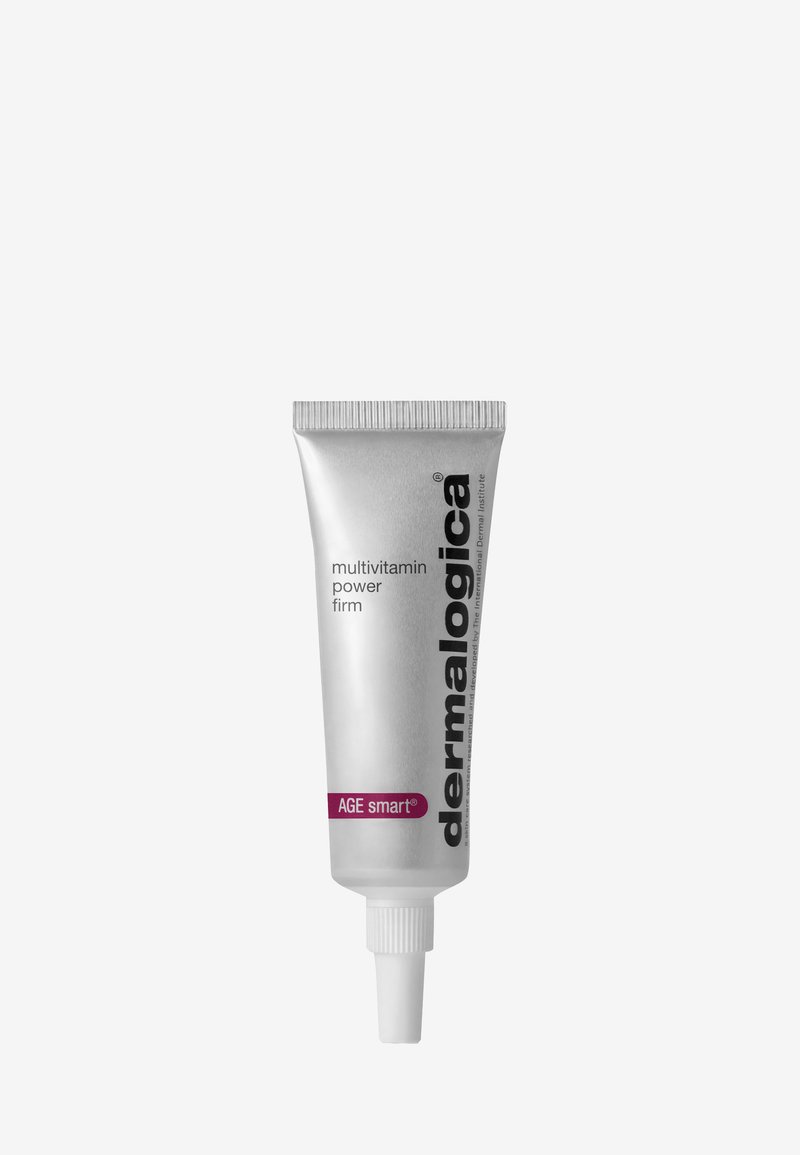 Tube cylindrique argenté avec un bec verseur blanc, étiqueté "dermalogica multivitamin power firm" et "AGE smart" en texte violet.