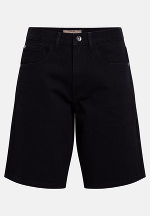Pantaloncini di jeans neri al ginocchio con bottone frontale, chiusura a zip, passanti per cintura e design con cinque tasche.