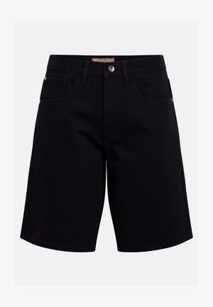 Black denim knee-length shorts with front button, zipper closure, belt loops, and five-pocket design.