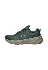 Green mesh athletic shoe with a padded collar, lace-up front, contrasting lighter rubber sole, and reflective accents on the side.