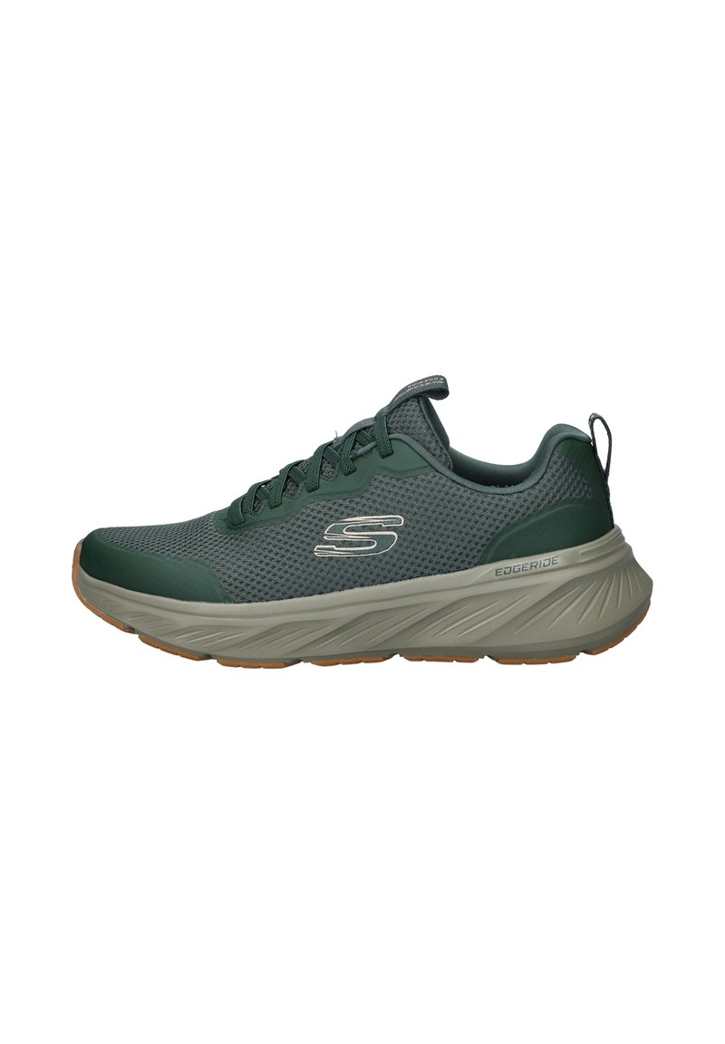 Green mesh athletic shoe with a padded collar, lace-up front, contrasting lighter rubber sole, and reflective accents on the side.