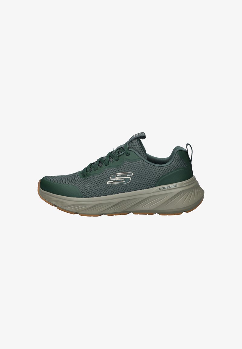 Green mesh athletic shoe with a padded collar, lace-up front, contrasting lighter rubber sole, and reflective accents on the side.