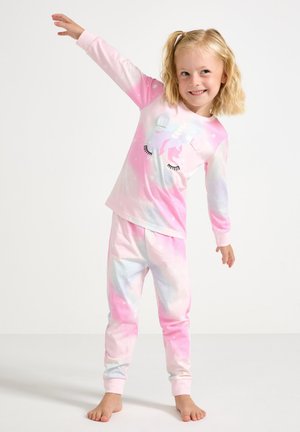 Set di pigiama con motivo galattico in rosa e pastello, caratterizzato da un grafiche di unicorno sulla maglietta e pantaloni aderenti con orli a giro. Materiale morbido.