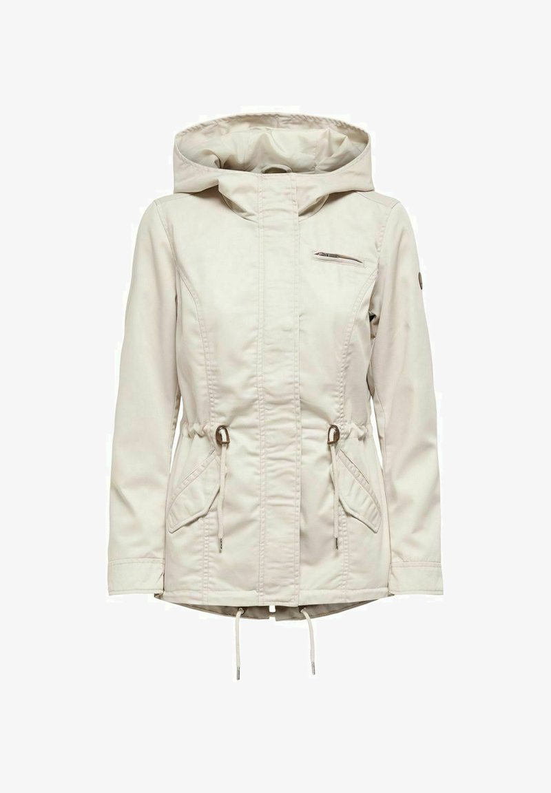 Lichtbeige waterdichte jas met een capuchon, trekkoord in de taille, twee zijzakken en een voorzak met rits. Gladde stof met minimale details.