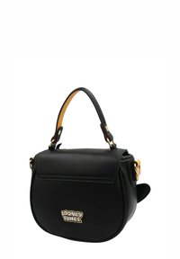 Borsa a tracolla in ecopelle nera con forma arrotondata, dettagli dorati e logo Looney Tunes sulla parte anteriore. Presenta una maniglia curva e chiusura a patta.