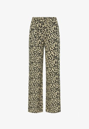 Beżowe spodnie o szerokich nogawkach w panterkę z czarnymi plamami, z elastycznym pasem i miękkiego, lekkiego materiału.