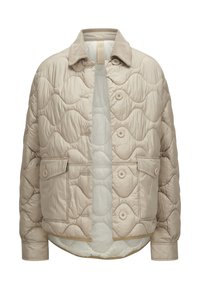 Beige wattierte Jacke mit Kragen, Knöpfen vorne und zwei unteren Taschen. Glatte Textur mit einem Wellenmuster über die gesamte Fläche.