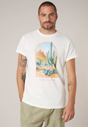 Homme barbu portant un t-shirt blanc avec une scène colorée du désert d'Arizona comprenant des cactus et des montagnes, associé à un pantalon vert clair.