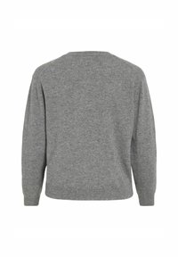 Pilkas megztinis su apvaliu kaklu, ilgomis rankovėmis ir raštuotu apvadu, pasižymintis lygiu paviršiumi ir paprastu dizainu.