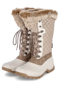 Ecrufarbene Winterstiefel mit einem gesteppten Obermaterial, einem Kunstfellbund und einer Gummisohle. Verfügt über braune Wildlederakzente und eine Schnürung vorne.