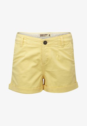 Yellow cotton shorts with a button closure, folded hems, and traditional design. Features front pockets and a soft texture. Size S.