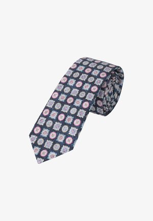 Blauer gemusterter Krawatte mit kreisförmigen Blumenmotiven in Pink, Weiß und Blau auf einem dunklen Hintergrund, aus einem strukturierten Stoff gefertigt.