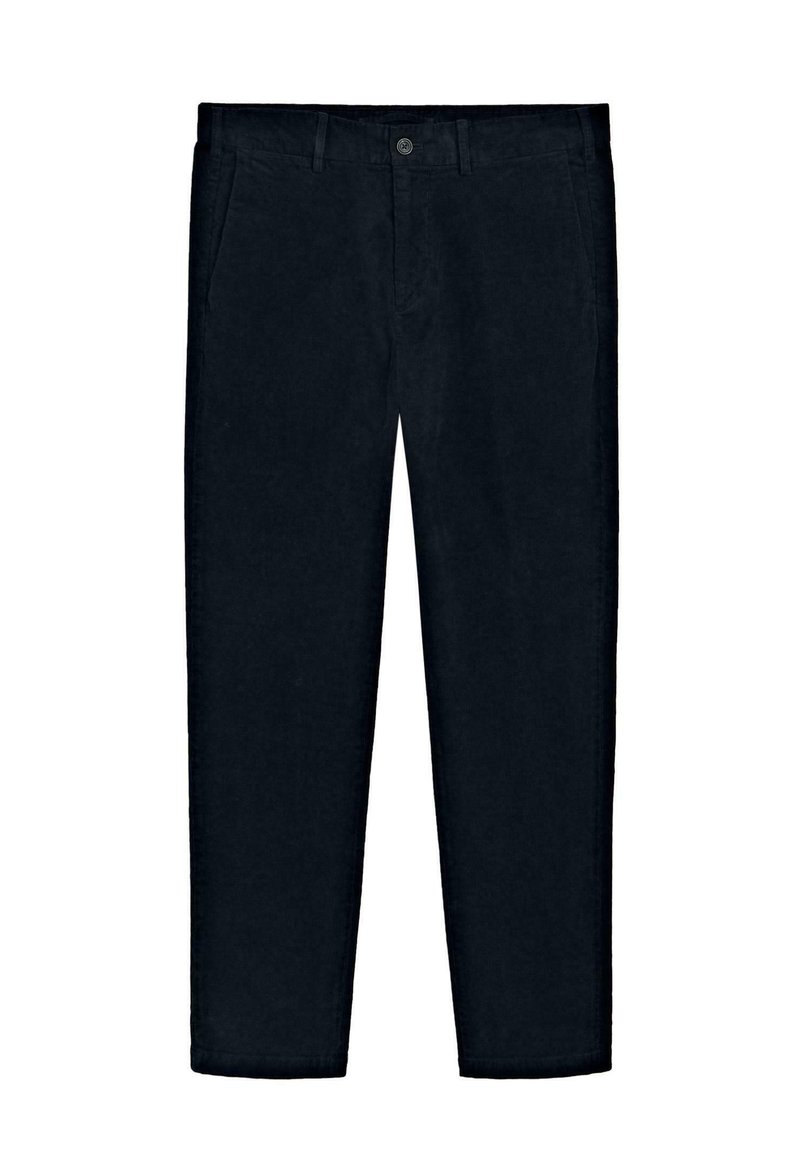 Chinos bleu marine foncé en tissu de coton doux. Ils sont dotés d'une fermeture éclair, d'un bouton et de poches avant. Design à jambe droite avec des coutures minimales.