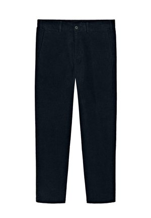 Dunkelmarinefarbene Chinos aus weichem Baumwollstoff. Mit Reißverschluss, Knopfverschluss und frontalen Taschen. Gerades Bein mit minimaler Nahtführung.