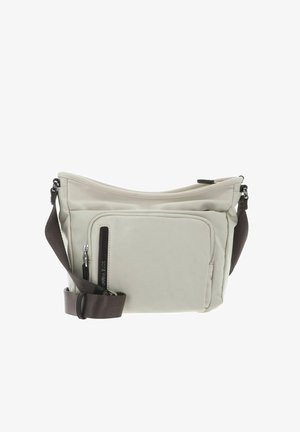 Sac à bandoulière beige avec un extérieur texturé, une poche avant zippée et une sangle réglable marron. Présente un matériau lisse et doux.