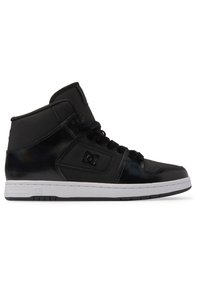 Black high-top sneaker made of synthetic material, featuring a smooth finish, white rubber sole, and embossed logo on the side.