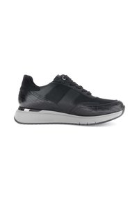 Zwarte sneaker met een bovenwerk van gestructureerd leer, gladde accenten en een grijze rubberen zool. Heeft een afgeronde neus en contrasterende veterogen.
