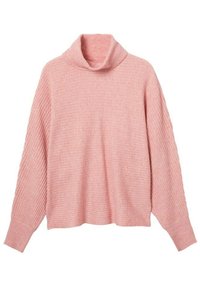 Vaaleanpunainen neulepusero, jossa on ribbineulos, korkea kaulus ja pitkät hihat; siinä on suorakaiteen muotoinen leikkaus ja pehmeä kangas.